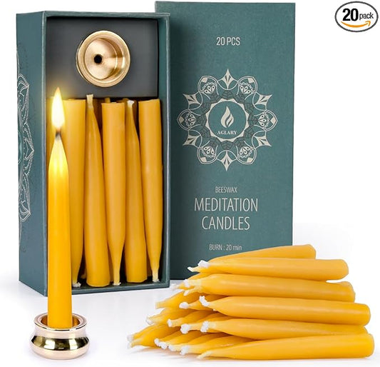20 Minute Pure Beeswax Candles, Dripless Meditation Candles, Mini Taper Candles, Set of 20 with Brass Candle Holders.
