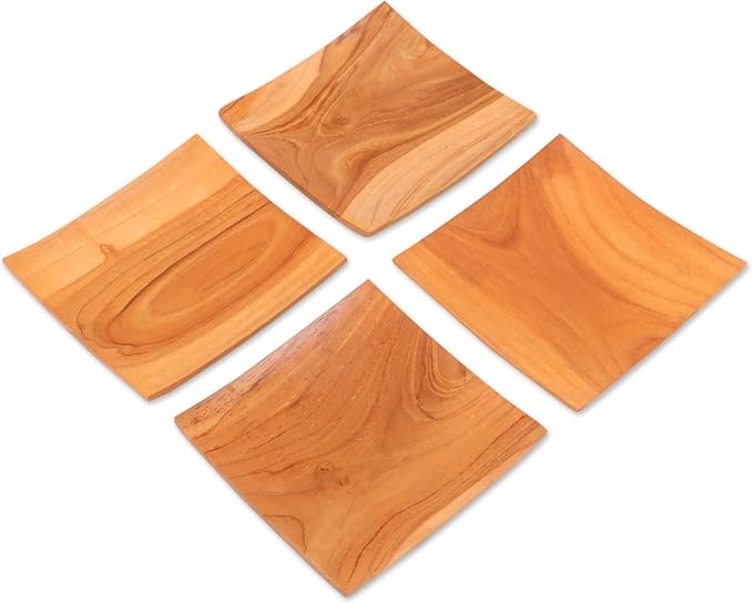 NOVICA Artisan Handmade Teak Wood Plates Square from Bali Set of 4 Brown Indonesia Tableware Dinnerware Dessert Natural Ma...
