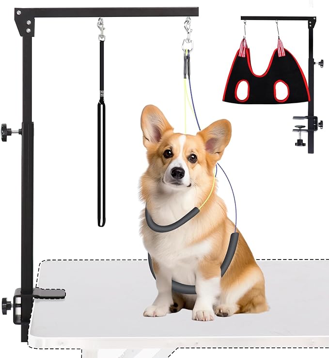 AGESISI Dog Grooming Arm with Clamp, Heavy Duty Pet Grooming Table Arm with Grooming Hammock, Loop Noose & Two No-Sit Haun...