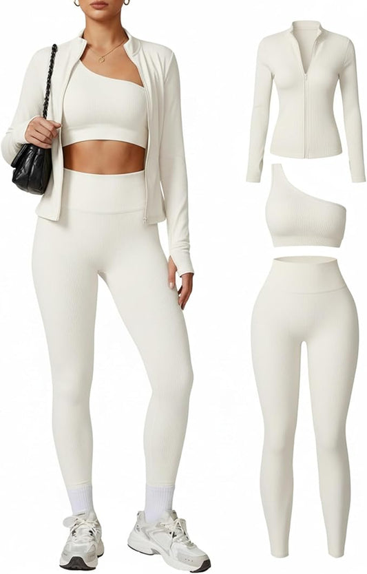 Coume Women 3 Piece Seamless Workout Set Gym Yoga Sports Bra High Waisted Leggings Zip Up Jacket with Thumbhole Activewear