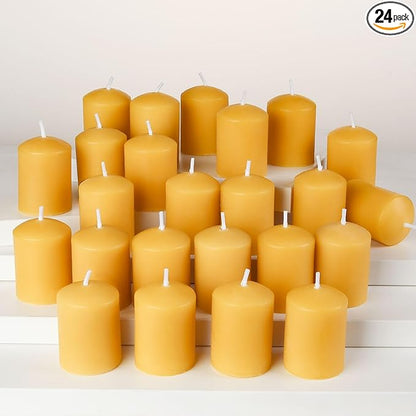 TELOSMA Organic Beeswax Votive Candles Bulk (24-Pack) - Natural Mini Pillar Candle - Smokeless Drippless Candle for Praye...
