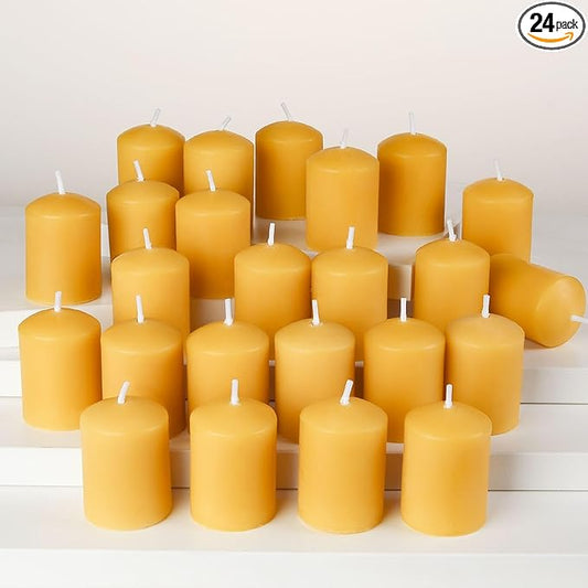 TELOSMA Organic Beeswax Votive Candles Bulk (24-Pack) - Natural Mini Pillar Candle - Smokeless Drippless Candle for Praye...