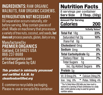Artisana Organics Raw Walnut Butter with Cashews | No Sugar Added, Just Two Ingredients - Vegan, Paleo, and Non GMO, 9oz Jar