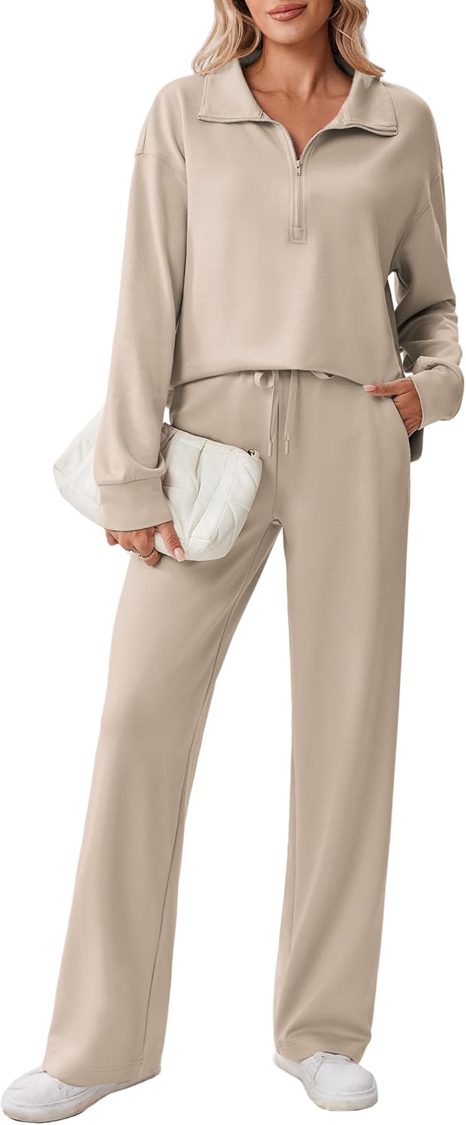 PINSPARK 2 Piece Sets for Women 1/2 Zip Sweatsuit Loose Fit Sweatshirt Straight Leg Pants 2025 Matching Outfit Fall Tracksuit