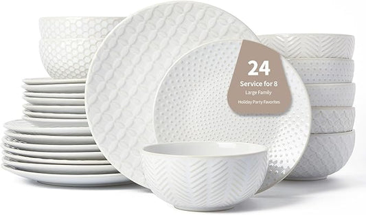 24 Piece Dinnerware Sets for 8, Premium Stoneware Plates and Bowls Sets, Microwave & Dishwasher Safe, Elegant Dishes for E...