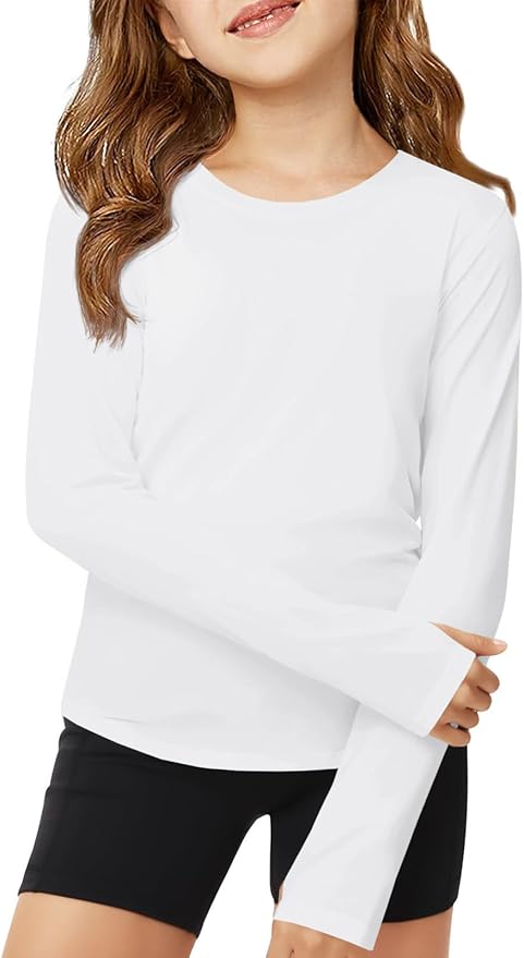 ZDC Girls Long Sleeve Athletic Shirts Kids Crewneck Quick Dry Workout Yoga Tops Basic Tees Activewear