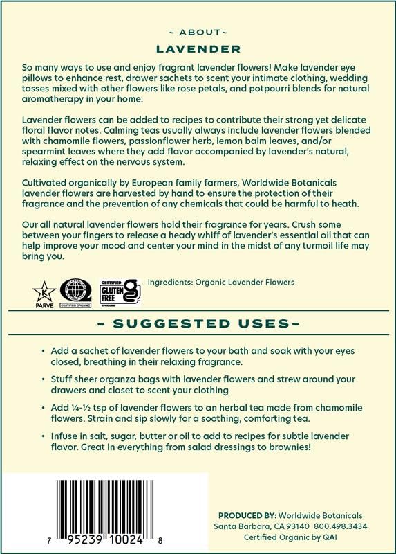 Worldwide Botanicals Organic Lavender Flowers, 4 ounces, Pure European Lavender buds, Perfect for Aromatherapy, Sachets, W...