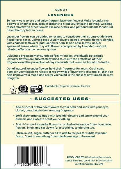 Worldwide Botanicals Organic Lavender Flowers, 4 ounces, Pure European Lavender buds, Perfect for Aromatherapy, Sachets, W...