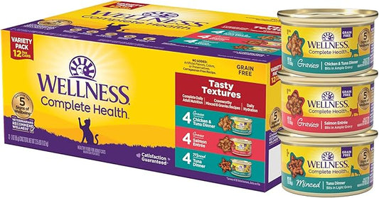 Wellness Complete Health Tasty Textures Gravy & Minced Adult Wet Cat Food, Natural, Protein-Rich, Grain Free, 3 Ounce, 12 ...