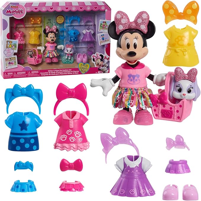 Disney Junior Minnie Mouse Glitter and Glam Pet Fashion Set, 23-piece Doll and Accessories, Kids Toys for Ages 3 Up by Jus...