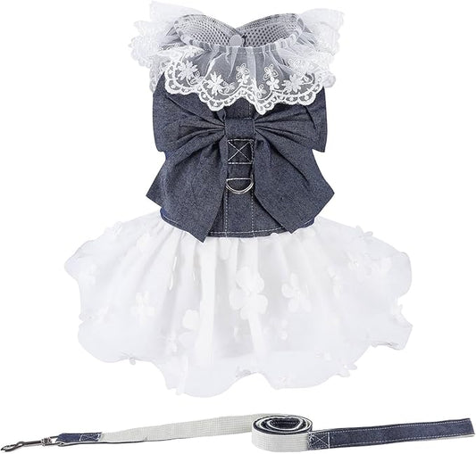 Dog Denim Dress with Leash Ring, Puppy Bowknot Lace Mesh Princess Skirt for Small Pet Fashion Clothes(Navy,Medium)