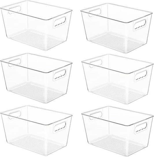 YIHONG 6 Pack Clear Pantry Organizer Bins, Plastic Containers with Handle for Kitchen,Freezer,Cabinet,Closet,Bathroom Unde...