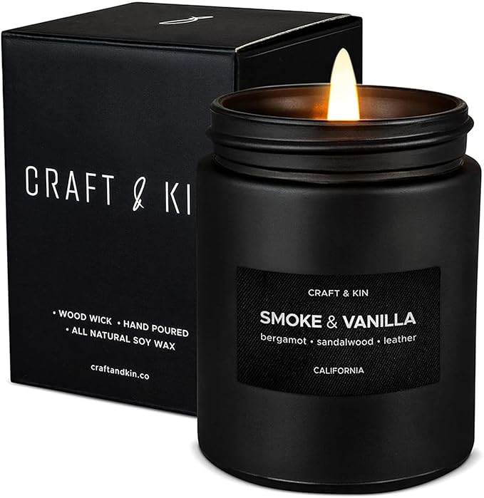 Craft & Kin Premium Smoke & Vanilla Candle | Black Scented Candles for Men | Long Lasting with 45 Hour Burn Time, 7.6oz | ...