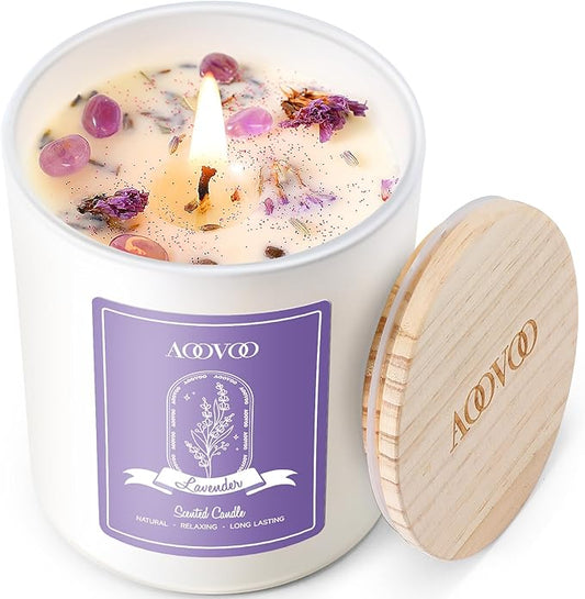 AOOVOO Lavender Scented Candles for Women - Aromatherapy Candle with Crystals Inside, 10oz Soy Candles for Home Scented, B...
