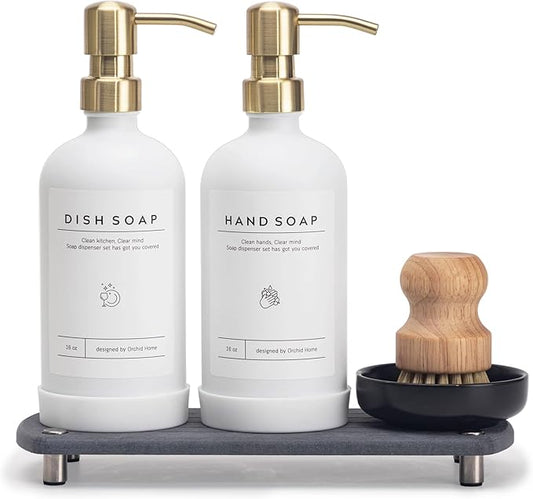 [Luxury] Kitchen Soap Dispenser Set - 16OZ White Glass Bottle, Stainless Steel Pump, Instant Dry Tray, Waterproof Labels, ...