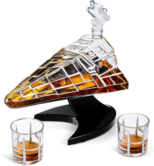 Galactic Command Cruiser Whiskey Decanter Set 20oz – Sci-Fi Spaceship Liquor Bottle with 2 Glasses – Glass Barware Gift fo...