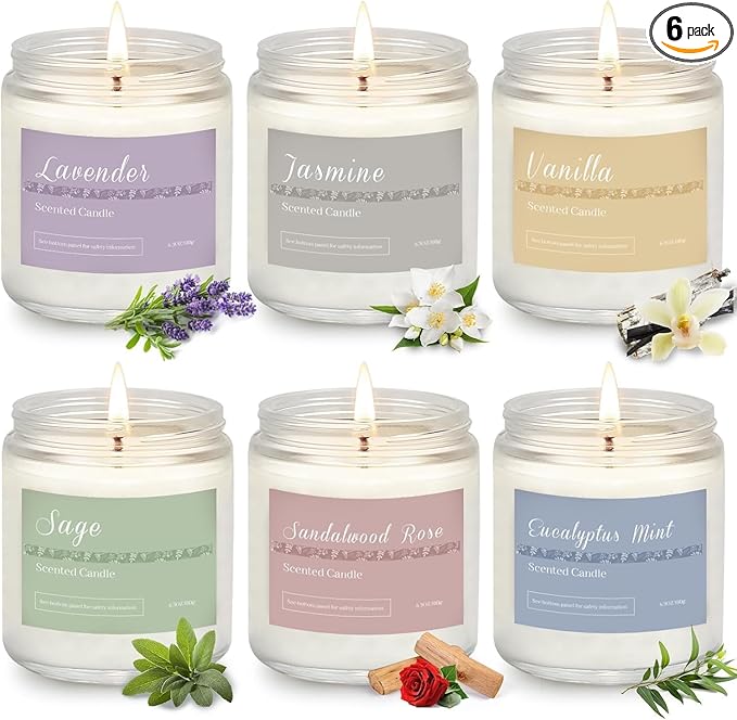 6 Pack Scented Candles Gift Set, Long Lasting Aromatherapy Candles for Home, 37.8 oz 300 Hour Burn, Lavender Jasmine Vanil...