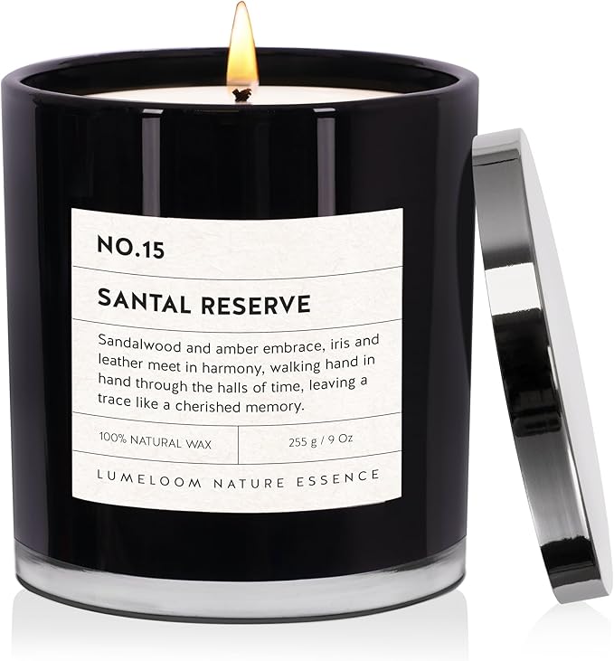 LUMELOOM Santal Reserve Luxury Scented Candles, 9oz Soy Wax Candles for Home Scented, Sandalwood, Amber, Iris & Leather Sc...