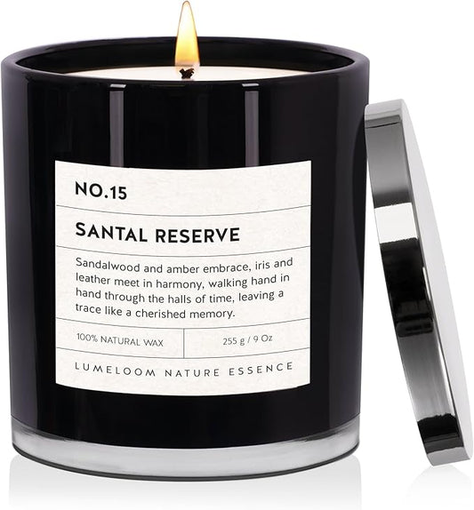 LUMELOOM Santal Reserve Luxury Scented Candles, 9oz Soy Wax Candles for Home Scented, Sandalwood, Amber, Iris & Leather Sc...
