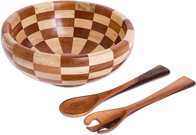 NOVICA Artisan Handmade Mahogany Salad Serving Set Checkerboard Pieced Tropical Wood Bowl Spoons Brown Guatemala Tableware...