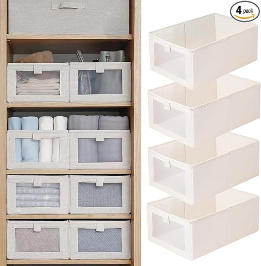 Pradnel Linen Closet Organizers And Storage, 4 Pack Storage Bins Baskets for Organization Foldable Organizer with Clear Wi...