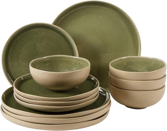 Gibson Elite Manila Bay 12-Piece Stoneware Dinnerware Set, Service for 4, Reactive Glaze Modern Artisan Plates, Bowls & Mu...