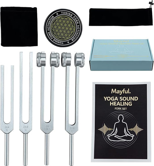 Tuning Forks for Healing Set - 128Hz, 136Hz, 256Hz, 384Hz with Activator - Weighted & Unweighted Sound Therapy Tools for C...