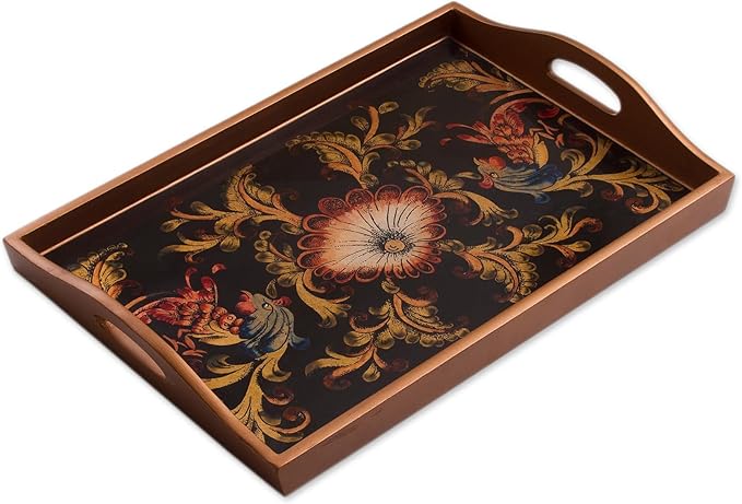 NOVICA Artisan Handmade Reverse Painted Glass Tray Floral from Peru Multicolor Wood Tableware Serveware Trays [2.4in H x 1...