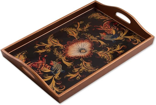 NOVICA Artisan Handmade Reverse Painted Glass Tray Floral from Peru Multicolor Wood Tableware Serveware Trays [2.4in H x 1...