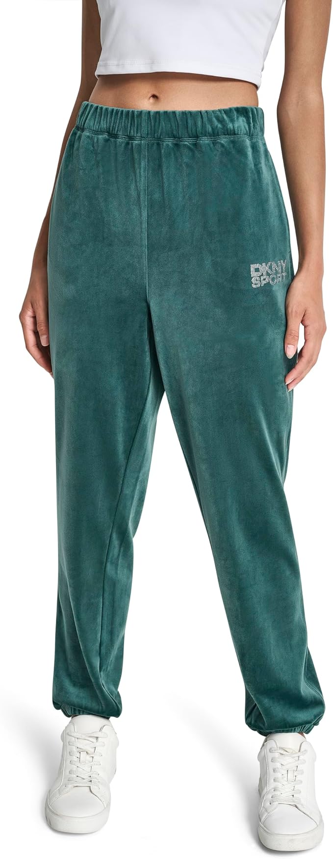 DKNY Womens High Rise Relaxed Cuff Rhinestone Logo Novelty Velour Sweatpant