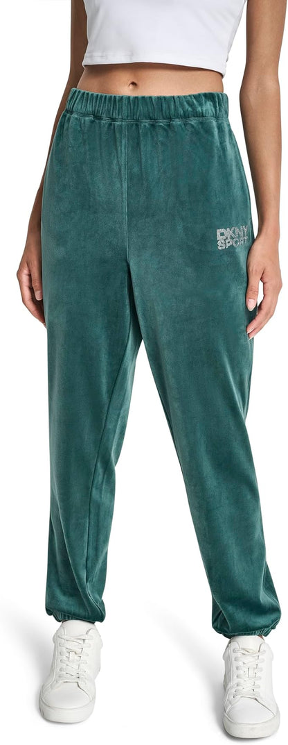 DKNY Womens High Rise Relaxed Cuff Rhinestone Logo Novelty Velour Sweatpant
