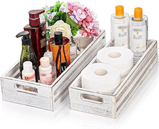 Noamus 2 Pack Bathroom Decor Box, 16" 15" Wooden Toilet Paper Holder, White Toilet Storage Basket, Toilet Tissue Tray with...