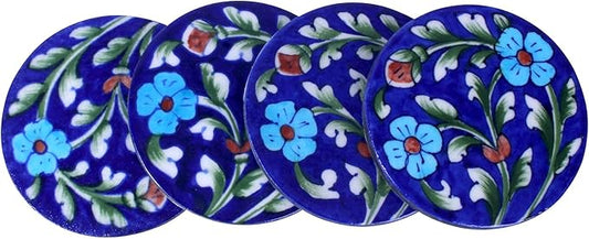 THE Unltd India Blue Pottery Ceramic Coasters – Set of 4 Round Hand-Painted Drink Mats, Floral Design, Artisan Crafted Tab...