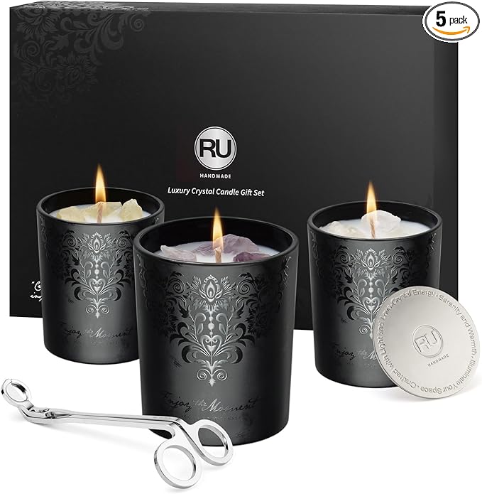 Luxury Black Scented Candles Gift Set for Men – 3×7oz Soy & Beeswax Crystal Candles with Wick Trimmer & Snuffer, Masculine...