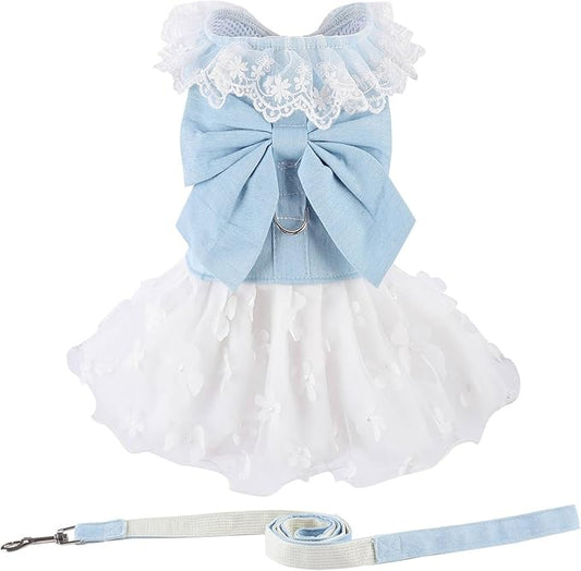 Dog Denim Dress with Leash Ring, Puppy Bowknot Lace Mesh Princess Skirt for Small Pet Fashion Clothes(Light Blue,X-Small)