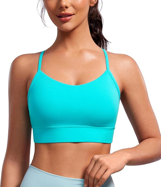 CRZ YOGA Butterluxe Womens Y-Back Racerback Sports Bra - Spaghetti Straps Wireless Scoop Neck Athletic Padded Yoga Tops
