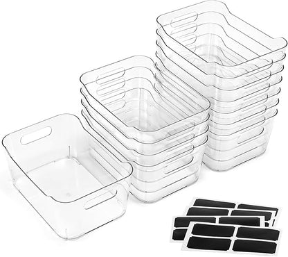 12 PACK Multi-Use Clear Plastic Storage Bins for Organizing w/ Labels - Home, Kitchen, Bathroom, Office, Pantry Cabinet Sh...