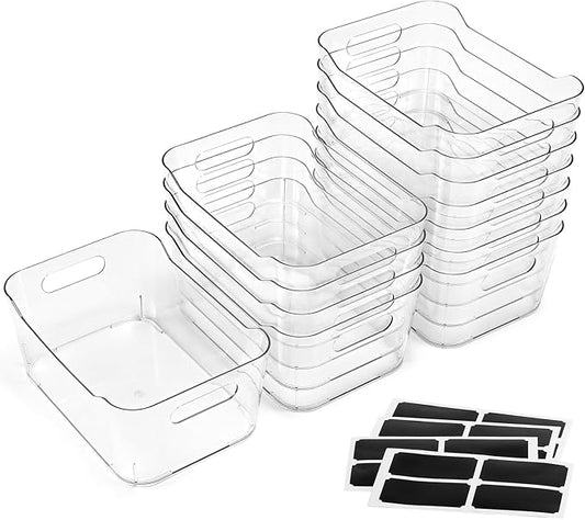 12 PACK Multi-Use Clear Plastic Storage Bins for Organizing w/ Labels - Home, Kitchen, Bathroom, Office, Pantry Cabinet Sh...