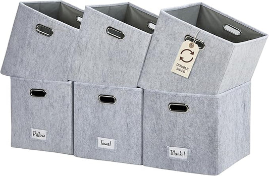 DECOMOMO Felt Storage Bins, 13 inch Cube Storage Bins with Labels for Organization (Cube 13" / 6pcs, Light Grey)