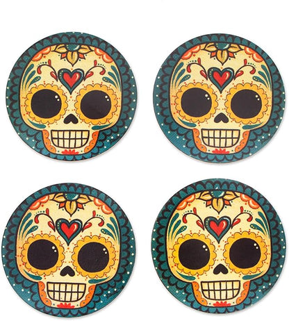 NOVICA Artisan Handmade Decoupage Wood Coasters Pinewood with Day of The Dead Motifs Multicolor Mexico Tableware Barware F...