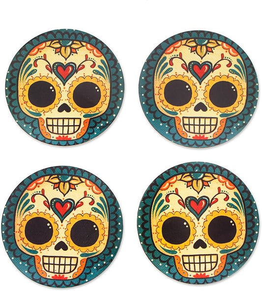 NOVICA Artisan Handmade Decoupage Wood Coasters Pinewood with Day of The Dead Motifs Multicolor Mexico Tableware Barware F...