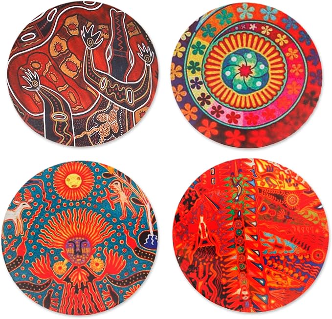 NOVICA Artisan Handmade Decoupage Wood Coasters Pinewood with Mexican Huichol Motifs Multicolor Mexico Tableware Barware F...