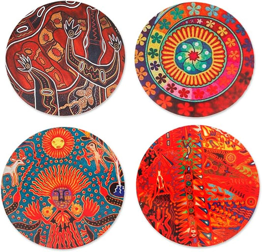 NOVICA Artisan Handmade Decoupage Wood Coasters Pinewood with Mexican Huichol Motifs Multicolor Mexico Tableware Barware F...