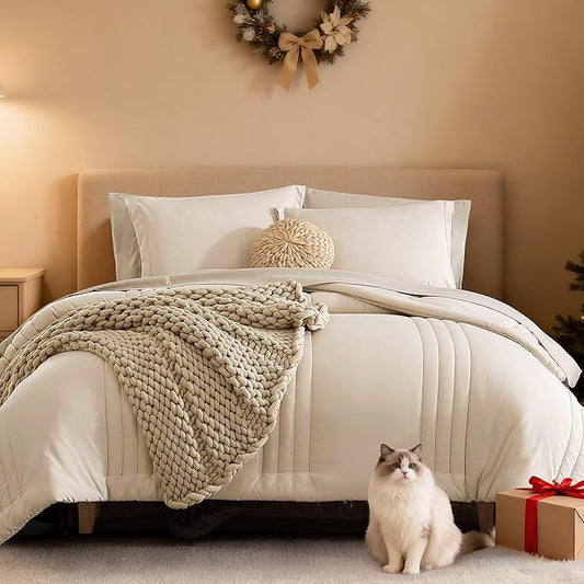 Monbix Queen Comforter Set - 7 Pieces Beige Bed in a Bag Queen Bedding Sets with Comforters, All Seasons Comforter Bed Set...