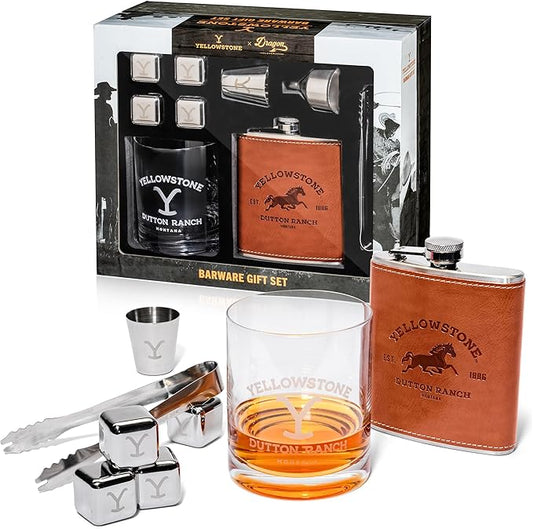 Dragon Glassware x Yellowstone Barware Gift Set of 4 - Includes a Yellowstone Shot Glass, Leather Flask, Chilling Stones &...