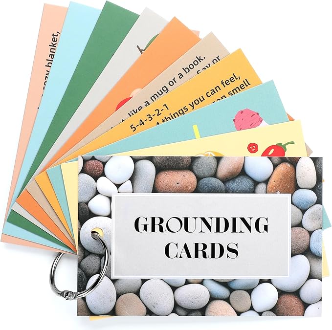 AmazingSpark 10 Pcs Grounding Card Coping Skills Card for Anxiety & Stress Relief with Metal Binder Rings Mindfulness Flas...