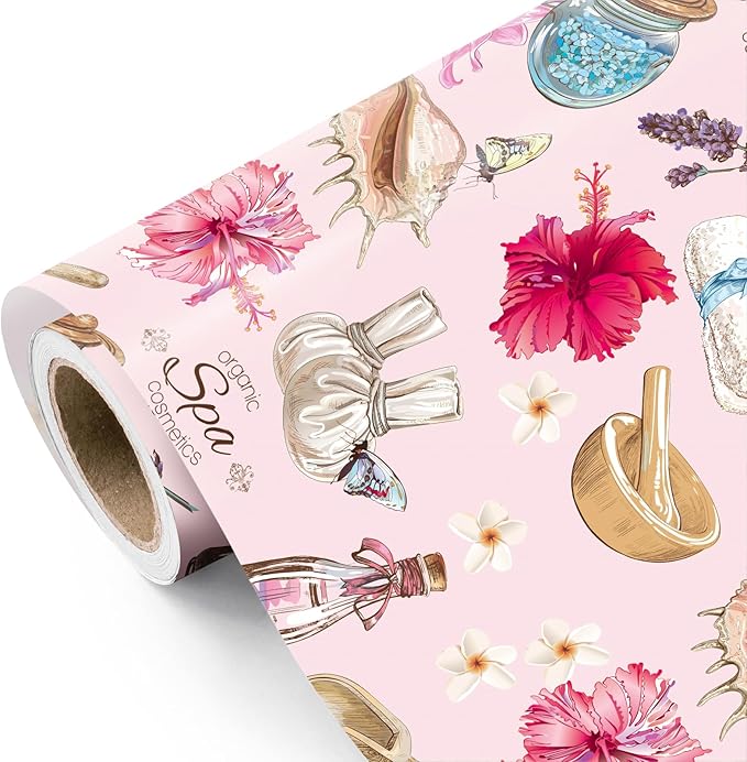 WRAPAHOLIC Spa Wrapping Paper Roll - Mini Roll - 17 Inch x 16.5 Feet - Pink Beauty Wellness and Floral Wrapping Paper for ...