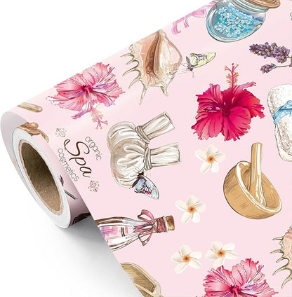 WRAPAHOLIC Spa Wrapping Paper Roll - Mini Roll - 17 Inch x 16.5 Feet - Pink Beauty Wellness and Floral Wrapping Paper for ...