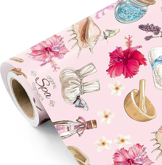 WRAPAHOLIC Spa Wrapping Paper Roll - Mini Roll - 17 Inch x 16.5 Feet - Pink Beauty Wellness and Floral Wrapping Paper for ...