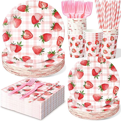 144 Pcs Strawberry Plates and Napkins Tableware Set, Plates Napkins Cups Straws and Forks Sets, Strawberry Party Birthday ...